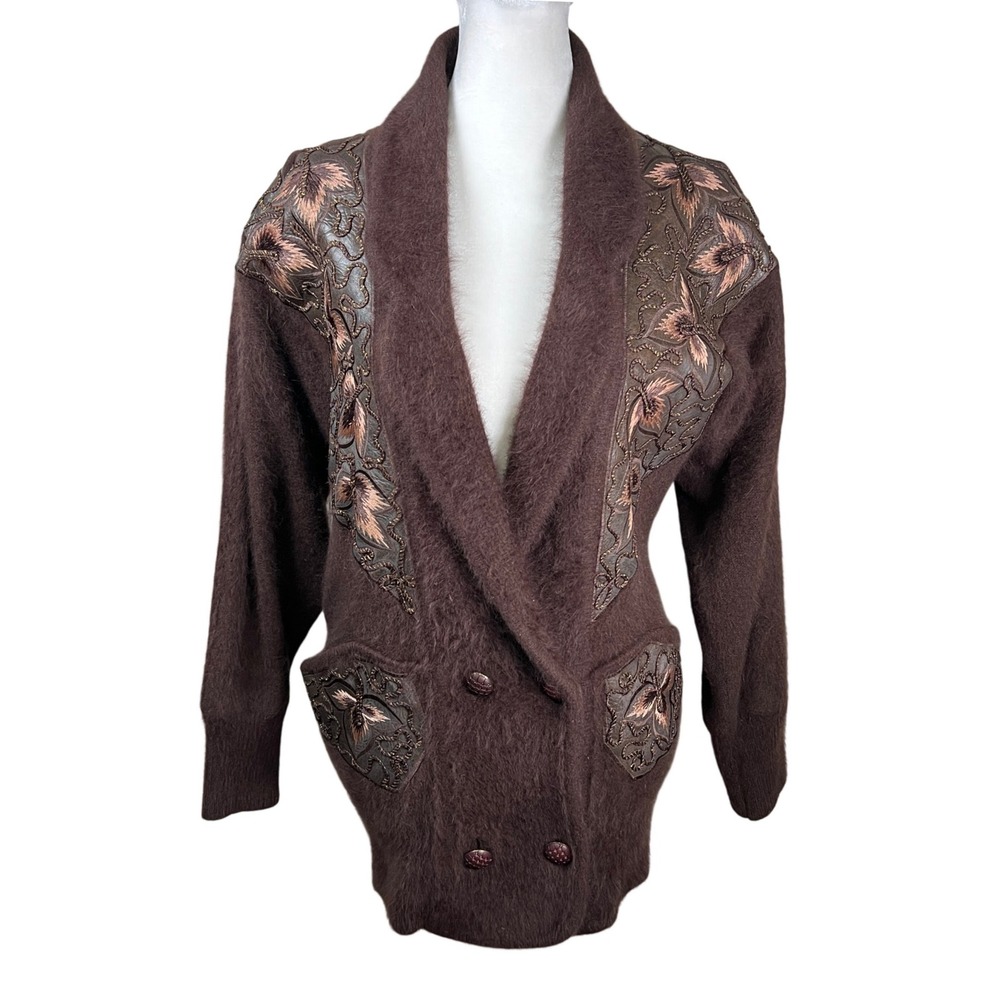 80s Bellini Womens Brown Angora Blend‎ Embroidered Western Cardigan Sweater S